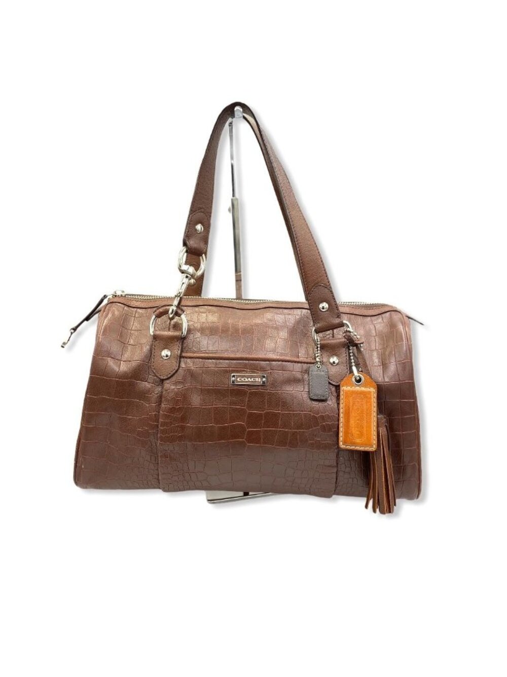 Coach F25125 Brown Croc Embossed Leather Satchel Bag Tassel Charm